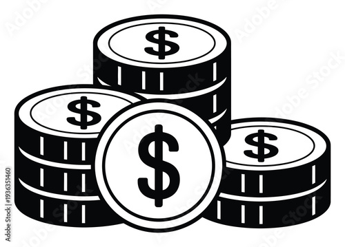 Stack of US Dollar Coins with Dollar Signs - Black and White Icon