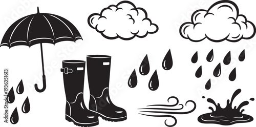 Rainy Day Essentials with Umbrella and Rubber Boots