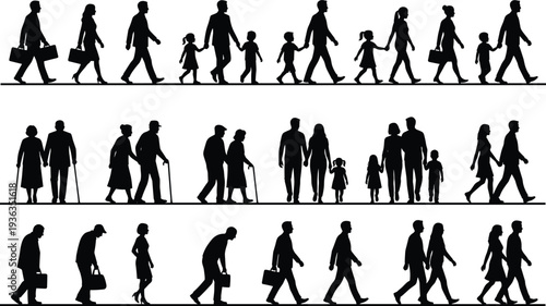 Family Walking Silhouettes Collection, Parents Children Elderly Couples and Business People, Isolated Black Human Figures Set