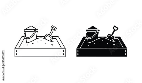 Black and white line art illustrations of two sandbox scenes with bucket and shovel