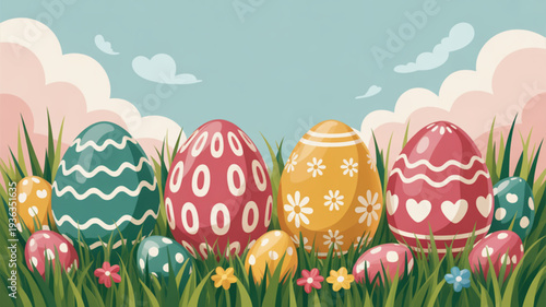 Colorful easter eggs in grass with flowers and clouds festive holiday scene with decorated eggs