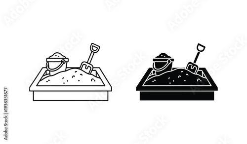 Black and white line art illustrations of sandboxes with tools and buckets