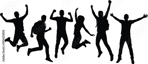 Celebrating Jumping People Silhouettes, Excited Men and Women in Dynamic Victory Poses, Isolated Black Action Figures
