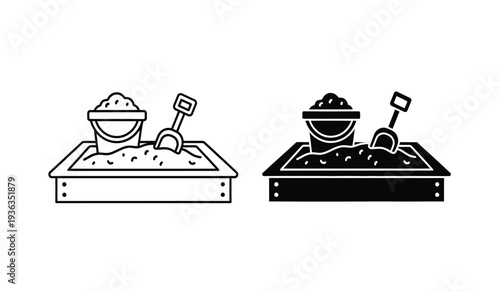 Black and white illustration of two sandbox scenes with bowls and shovels on a clean
