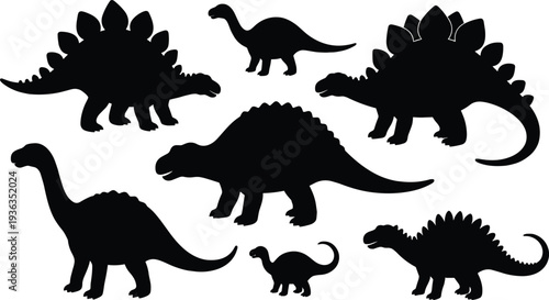 Black Dinosaur Silhouettes Set Including Stegosaurus and Brachiosaurus Isolated on White Background for Prehistoric Wildlife Vector Design, Educational Graphics, and Creative Jurassic Period Projects