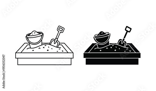 Black and white line drawing of two sandbox scenes with bowl and shovel