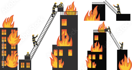 Firefighters rescuing and extinguishing building fire illustration with ladder trucks and flames isolated on white background emergency rescue service concept