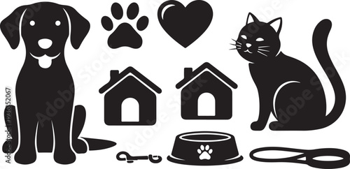 Black and white pet icons with houses and accessories