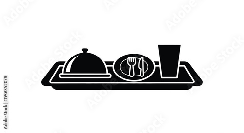 Black silhouette of a restaurant tray with covered dish and utensils