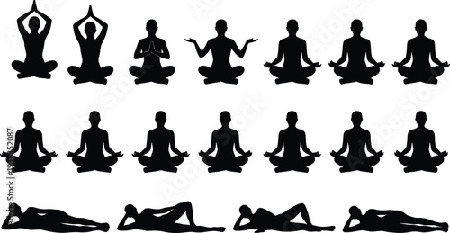 Yoga and Meditation Silhouettes Collection, Woman Practicing Lotus Pose Relaxation Stretching, Isolated Black Fitness Figures Set