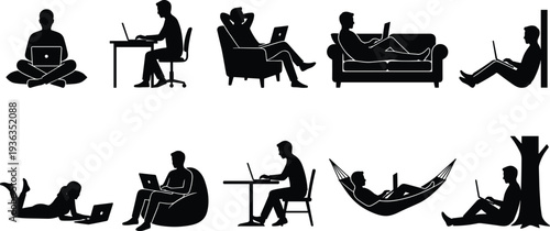 Freelancer Lifestyle Silhouettes Collection, People Working on Laptop at Home Office Sofa Hammock, Isolated Black Figures Set