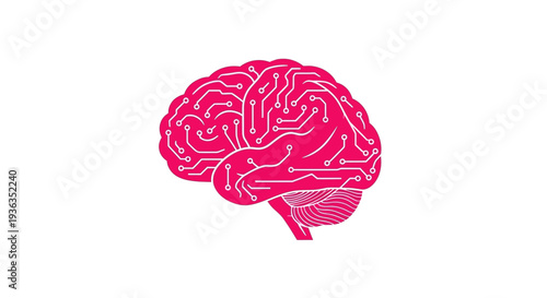 Pink Brain Circuit Board Icon, AI and Technology Concept