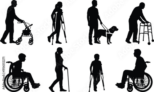 Disability and Accessibility Silhouettes Collection, Wheelchair Users Crutches Walker Guide Dog, Isolated Black Inclusive Figures Set