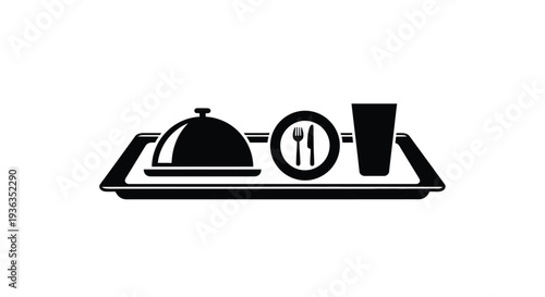 Black and white illustration of a serving tray with food cover and utensils