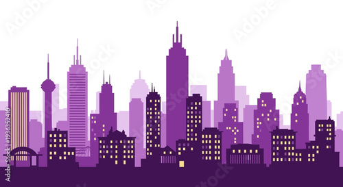 Purple Cityscape Silhouette, Modern Urban Skyline with Tall Buildings, Night View