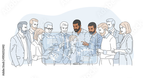 Professional team collaboration illustration representing workplace diversity, corporate teamwork environment and modern organizational cooperation concept