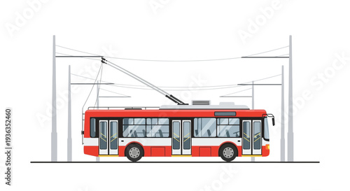 Red and white trolleybus with poles and wires on white background