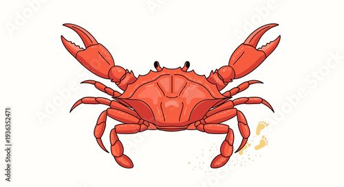 Red Crab with Raised Claws and Footprints on Sand