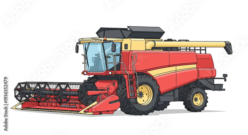 Red and Yellow Combine Harvester Machine on White Background