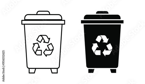 Black and white illustration of recycling bins with recycling symbols on them