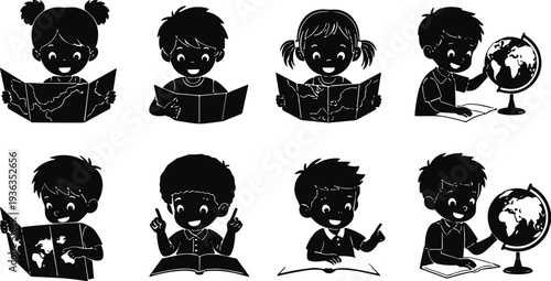Children Reading and Studying Silhouette Set, Kids Learning with Books and Globe, Education, Knowledge, School, Study Time Vector Illustration
