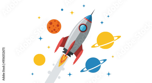 Rocket Launching into Outer Space with Planets and Stars Illustration