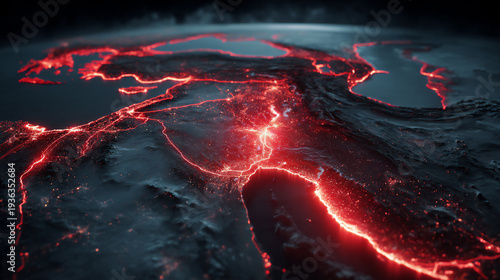 Glowing red Middle East map representing regional tension and crisis