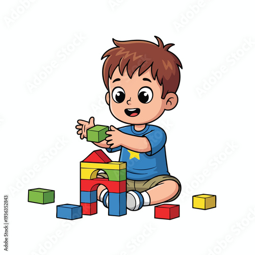 Cute Child Playing with Colorful Building Blocks in a Modern Playroom