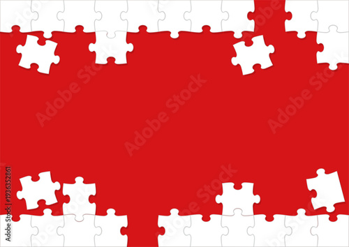 White Jigsaw Puzzle Frame And Background Template On A Red Background. Vector Illustration.
