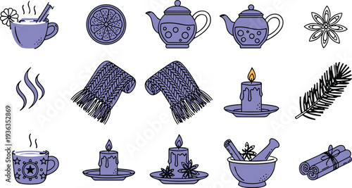 Cozy winter hand drawn icon set with tea, candles, mittens, feathers, steam, and warm comfort hygge lifestyle elements