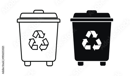 Black and white recycling bins with recycling symbols on them side by side