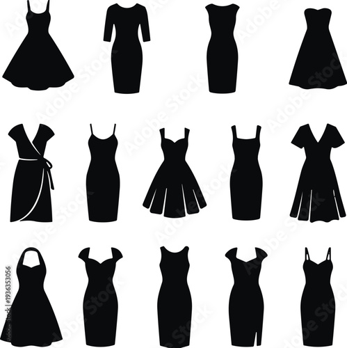 Women dress silhouette collection featuring elegant gowns, casual dresses, and fashion apparel shapes for clothing design, boutique branding, and style concepts