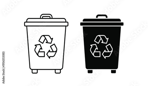 Recycling bins with recycling symbols on them in black and white colors
