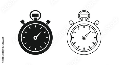 Two black and white illustrations of a classic stopwatch design