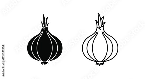 Two stylized onion illustrations one solid black one outlined in white