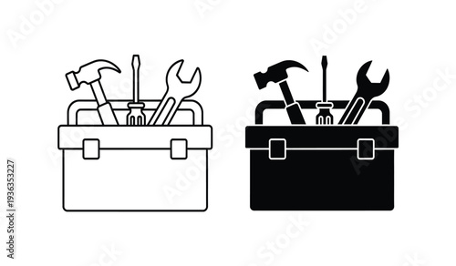 Black and white toolbox icons with various tools inside for construction and repair