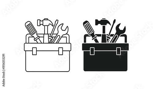 Two toolboxes filled with various tools in black and white line art