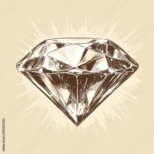 Shining diamond sketch hand drawn illustration with sparkling facets on beige background , vector style simple color