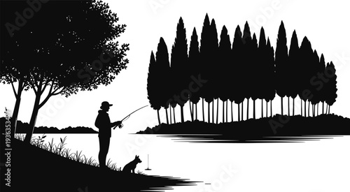 Peaceful fisherman silhouette with dog fishing by calm lake shore, forest island and trees reflected on water, tranquil nature landscape outdoor recreation scene