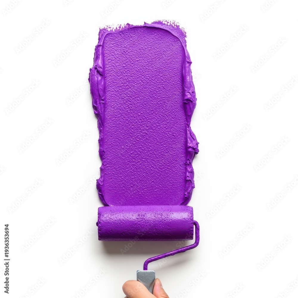 Obraz premium A close-up view of a hand holding a paint roller covered in vibrant purple paint. isolated on white background