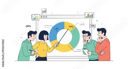 Team analyzing business data on pie chart graph.