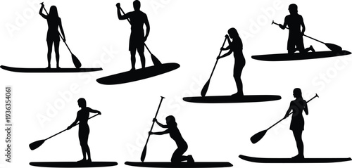 Stand up paddle boarding silhouettes collection with people paddling on boards isolated on white background representing water sport adventure activity
