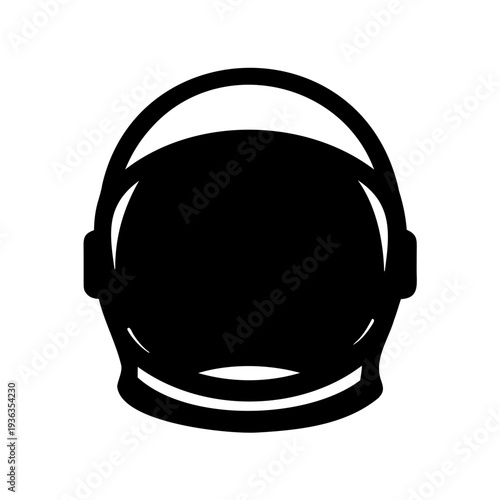 A stylized black and white graphic illustration of an astronaut helmet design