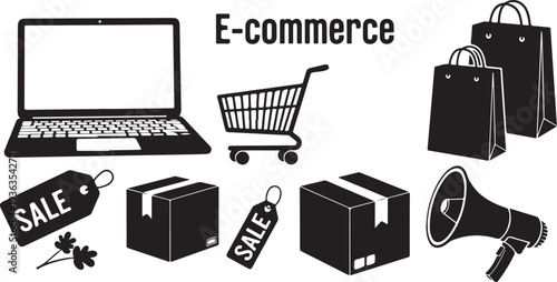 E-commerce shopping icons and sale tags on white background