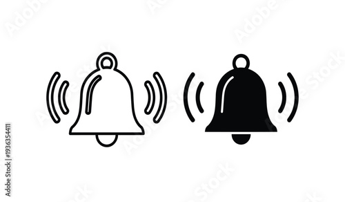Vector illustration of two ringing bells in black and white with sound waves