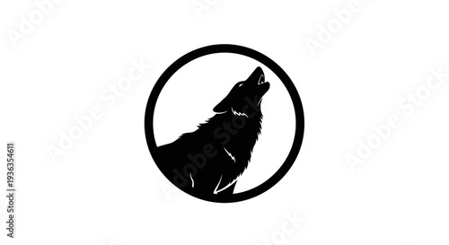 Silhouette of a howling wolf inside a circle, black and white graphic logo