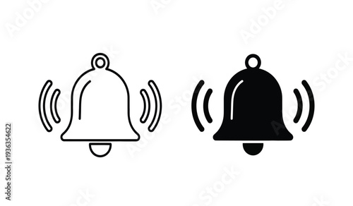 Two ringing bells in black and white with sound waves