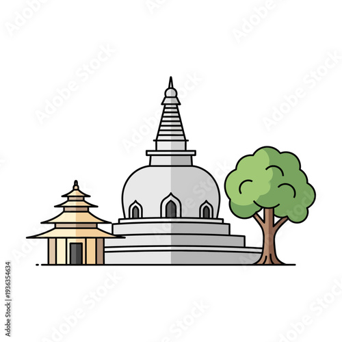 Buddhist Stupa and Temple with Tree, Traditional Asian Architecture, Peaceful Landmark
