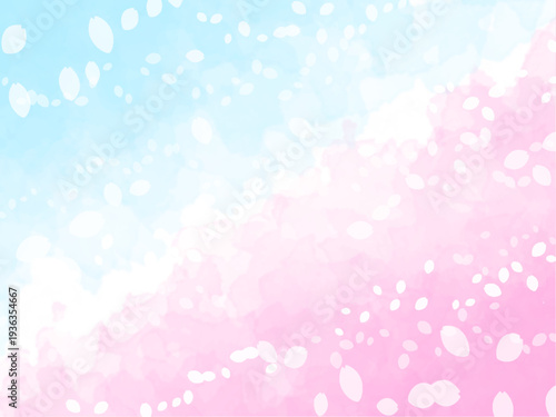 春の桜イメージのテクスチャー背景素材。満開の桜並木や桜吹雪と青空のイメージ。キラキラした光の粒子。あたたかく賑やかなやさしい春の雰囲気。