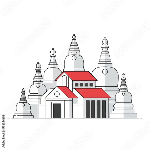 Buddhist stupas and monastery buildings with red roofs, minimalist line art illustration